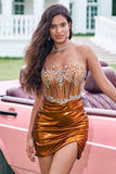 Unique Copper Strapless Beaded Corset Pleated Mini Dress