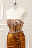 Sparkly Copper Ruched Strapless Corset Homecoming Dress with Beading