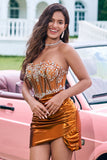 Unique Copper Strapless Beaded Corset Pleated Mini Dress