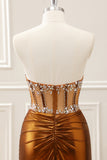 Sparkly Copper Ruched Strapless Corset Homecoming Dress with Beading