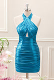 Metallic Tight Halter Backless Satin Blue Mini Dress