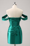 Dark Green Tight Off the Shoulder Corset Satin Mini Dress