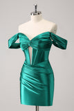 Dark Green Tight Off the Shoulder Corset Satin Mini Dress