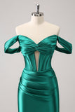 Dark Green Tight Off the Shoulder Corset Satin Mini Dress