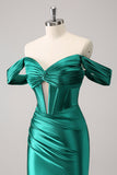 Dark Green Tight Off the Shoulder Corset Satin Mini Dress