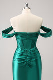 Dark Green Tight Off the Shoulder Corset Satin Mini Dress