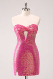 Fuchsia Hollow Out Strapless Sequins Tight Mini Dress with Slit