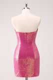 Fuchsia Hollow Out Strapless Sequins Tight Mini Dress with Slit