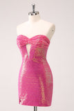 Fuchsia Hollow Out Strapless Sequins Tight Mini Dress with Slit