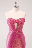 Fuchsia Hollow Out Strapless Sequins Tight Mini Dress with Slit