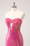 Fuchsia Hollow Out Strapless Sequins Tight Mini Dress with Slit