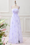 Lavender Flower Spaghetti Straps A Line Maxi Dress with Slit