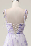 Lavender Flower A Line Spaghetti Straps Print Pleated Long Maxi Dress