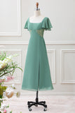 A Line Eucalyptus Square Neck Chiffon Tea-length Dress with Slit