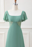 A Line Eucalyptus Square Neck Chiffon Tea-length Dress with Slit