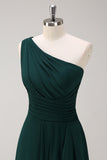 Dark Green Ruched A Line One Shoulder Maxi Dress with Slit