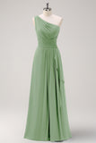 Dark Green Ruched A Line One Shoulder Maxi Dress with Slit