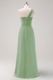 Dark Green Ruched A Line One Shoulder Maxi Dress with Slit