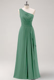 Dark Green Ruched A Line One Shoulder Maxi Dress with Slit