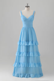 Blue Chiffon Tiered Ruffles Backless Bridesmaid Dress