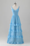 Blue Chiffon Tiered Ruffles Backless Bridesmaid Dress