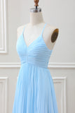 Sky Blue A Line Halter Pleated Chiffon Long Dress