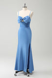 Blue Mermaid Spaghetti Straps Tea Length Dress with Bowknot