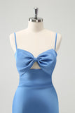 Blue Mermaid Spaghetti Straps Tea Length Dress with Bowknot