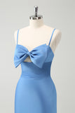 Blue Mermaid Spaghetti Straps Tea Length Dress with Bowknot