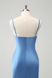 Blue Mermaid Spaghetti Straps Tea Length Dress with Bowknot