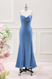 Blue Mermaid Spaghetti Straps Tea Length Dress with Bowknot