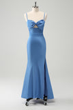 Blue Mermaid Spaghetti Straps Tea Length Dress with Bowknot