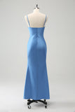 Blue Mermaid Spaghetti Straps Tea Length Dress with Bowknot