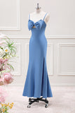 Blue Mermaid Spaghetti Straps Tea Length Dress with Bowknot