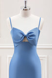 Blue Mermaid Spaghetti Straps Tea Length Dress with Bowknot