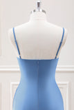 Blue Mermaid Spaghetti Straps Tea Length Dress with Bowknot