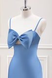 Blue Mermaid Spaghetti Straps Tea Length Dress with Bowknot