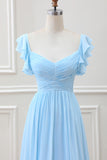 Sky Blue A Line Chiffon Tea-Length Dress with Ruffle Sleeves