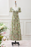 Green Flower A Line V Neck Tea Length Dress with Short Sleeves