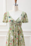 Green Flower A Line V Neck Tea Length Dress with Short Sleeves