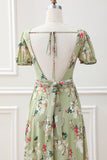 Green Flower A Line V Neck Tea Length Dress with Short Sleeves