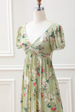 Green Flower A Line V Neck Tea Length Dress with Short Sleeves