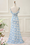 Sheath White Blue Flower Mermaid Maxi Dress with Slit