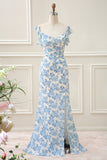 Sheath White Blue Flower Mermaid Maxi Dress with Slit