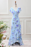 Blue Floral A Line Ruffles Asymmetrical Maxi Dress