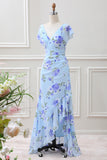 Blue Floral A Line Ruffles Asymmetrical Maxi Dress