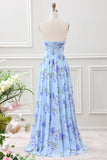 Blue Floral A Line Sweetheart Strapless Pleated Maxi Dress