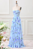 Blue Floral A Line Sweetheart Strapless Pleated Maxi Dress