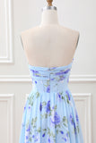 Blue Floral A Line Sweetheart Strapless Pleated Maxi Dress