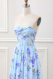 Blue Floral A Line Sweetheart Strapless Pleated Maxi Dress